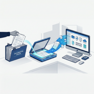 DOCUMENTOS FISICOS become ARCHIVOS DIGITALES through scanning; screen shows PDF and PROCESO