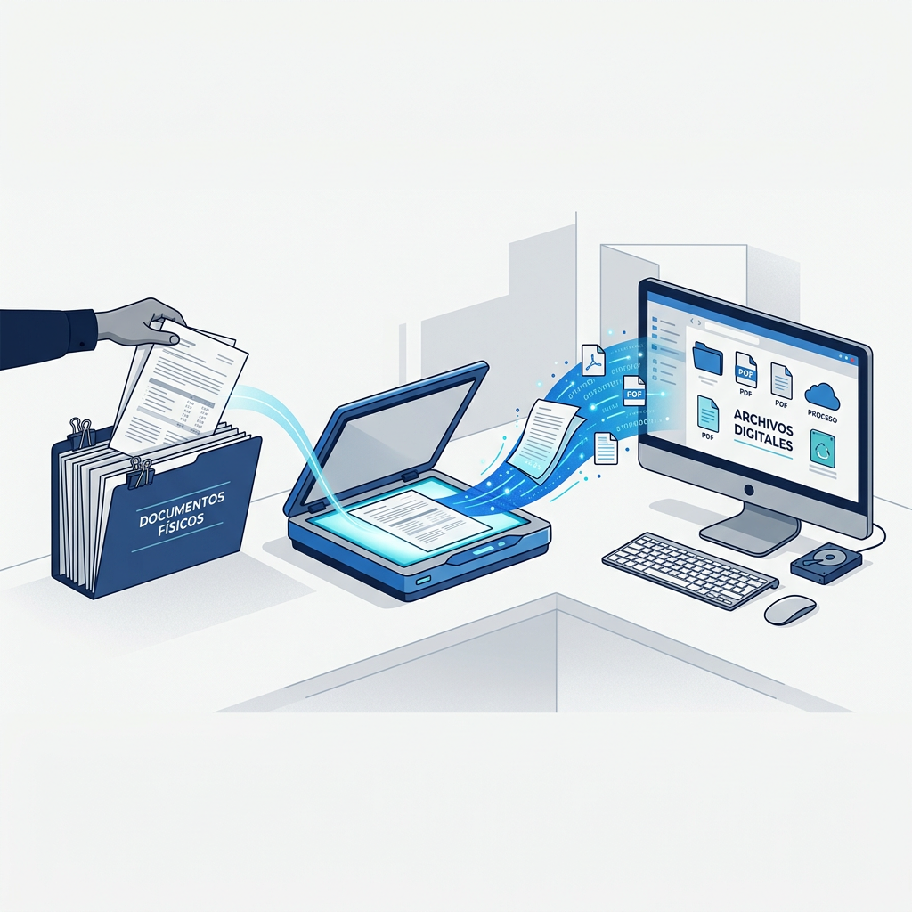 DOCUMENTOS FISICOS become ARCHIVOS DIGITALES through scanning; screen shows PDF and PROCESO